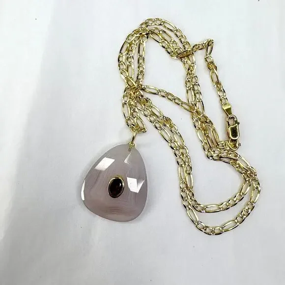 Agate Garnet Sterling Silver Gold Vermeil Pendant Necklace Figaro Chain 20” - Picture 4 of 6